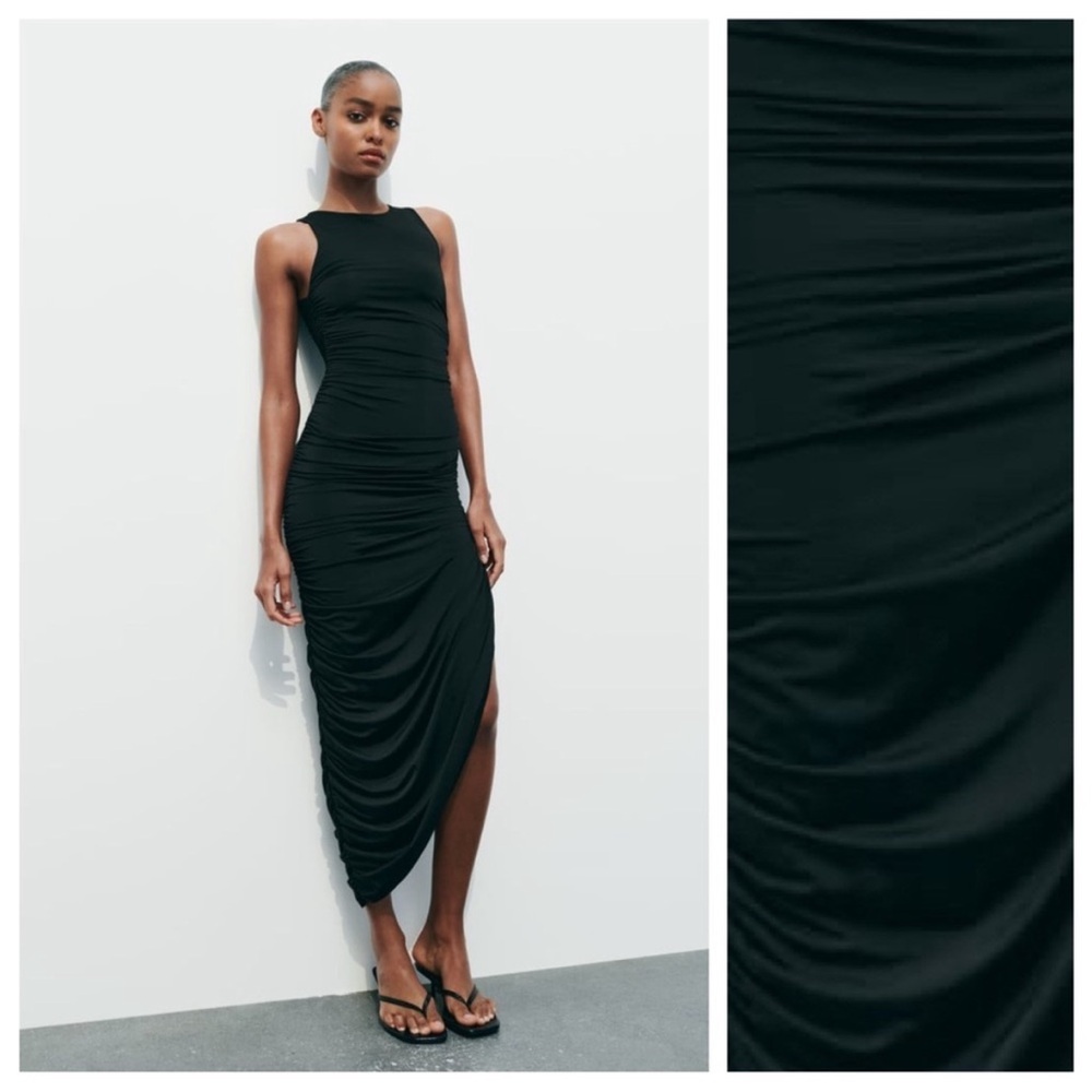 Zara Black Asymmetrical Ruched Midi Dress